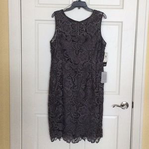 Adrianna Papell lace illusion dress, grey with under slip. Size 16 NWT